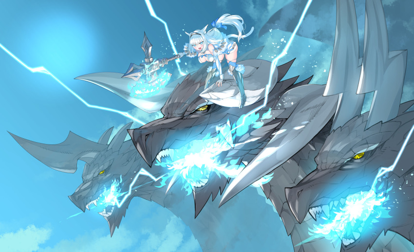 1girl animal_ear_fluff animal_ears armored_boots axe blue_bow blue_eyes blue_ribbon blue_thighhighs boots bow breasts capelet cat_ears cat_girl cat_tail cleavage detached_collar dobrynya_nikitich_(fate) dobrynya_nikitich_(second_ascension)_(fate) dragon dragon_horns riding_dragon dress fate/grand_order fate_(series) fur-trimmed_capelet fur_trim game_cg hairband highres holding holding_axe holding_weapon horns large_breasts long_hair official_art ribbon robina short_dress tail thighhighs weapon white_capelet white_hair