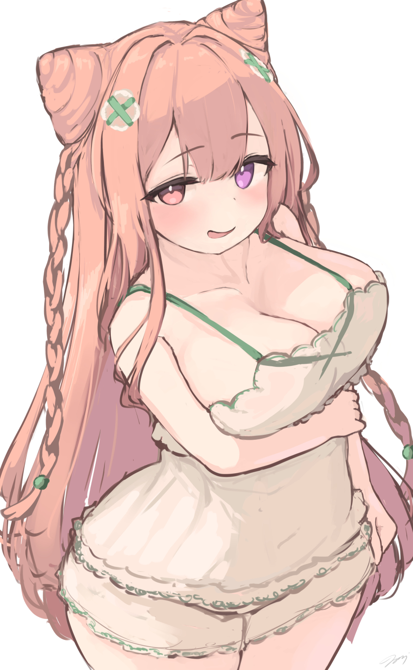 1girl absurdres arm_under_breasts blush braid breasts brown_hair camisole cleavage commission covered_navel grey_camisole grey_shorts hair_horns hair_ornament heterochromia highres large_breasts long_hair open_mouth original pajamas pink_eyes purple_eyes short_shorts shorts side_braids skeb_commission smile solo standing teruriu white_background wide_hips x_hair_ornament