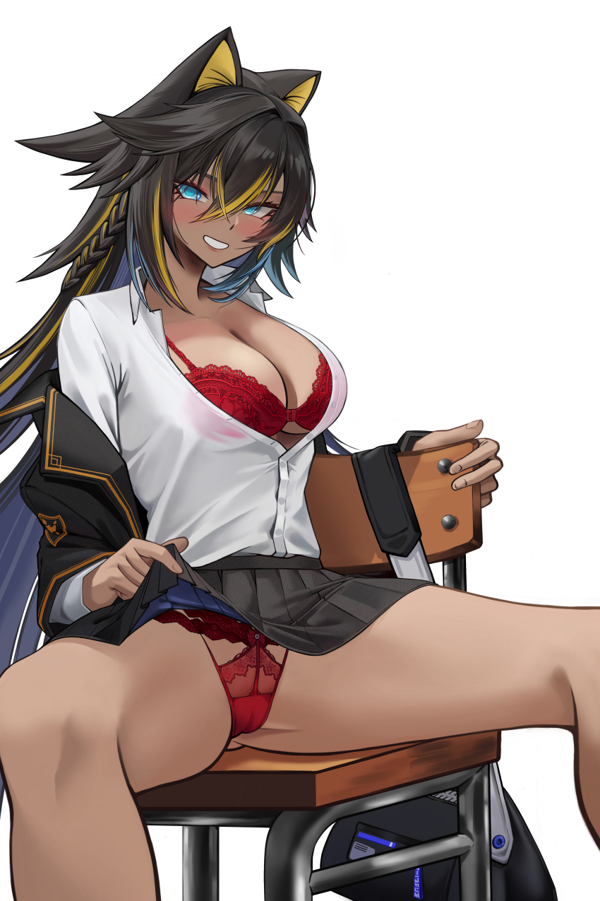 1girl absurdres bag black_hair black_jacket blonde_hair blue_eyes blush bra breasts cameltoe clothes_lift dark-skinned_female dark_skin dehya_(genshin_impact) genshin_impact grin gyaru hair_between_eyes hair_ears hair_intakes highres jacket large_breasts lifting_own_clothes long_hair looking_at_viewer multicolored_hair off_shoulder panties partially_unbuttoned pleated_skirt red_bra red_panties school_uniform shirt shirt_tucked_in sitting skirt skirt_lift smile solo spread_legs streaked_hair thighs two-tone_hair underwear very_long_hair walnut_1477 white_background white_shirt