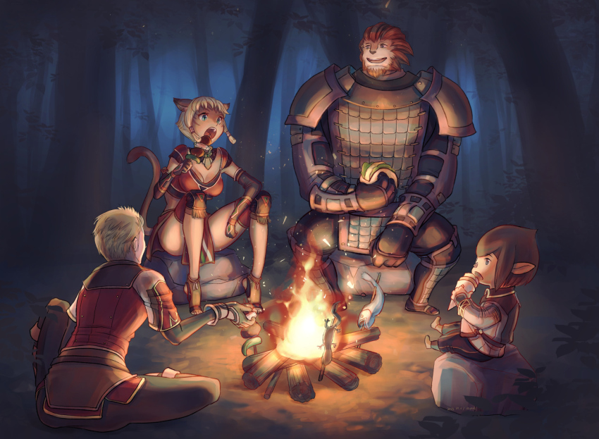 1girl 3boys adventurer_(ff11) animal_ears armor blonde_hair blue_eyes bonfire breasts brown_hair cactus41747280 cat_ears cat_girl cat_tail cleavage elbow_gloves final_fantasy final_fantasy_xi fingerless_gloves fire food forest fringe_trim galka gloves hair_tubes hume loincloth medium_breasts mithra_(ff11) multiple_boys nature night on_rock open_mouth pointy_ears rock shish_kebab sitting tail tarutaru toeless_legwear tree