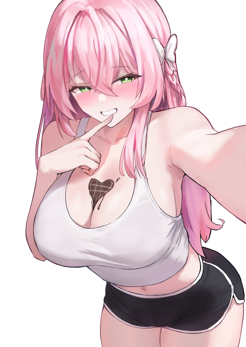 1girl absurdres black_shorts blue_archive blush bow braid breasts bust_cup candy chocolate chocolate_heart chocolate_on_body chocolate_on_breasts cleavage collarbone commentary dolphin_shorts food food_on_body green_eyes grin hair_between_eyes hair_bow halo hanako_(blue_archive) heart heart-shaped_food highres large_breasts long_hair looking_at_viewer midriff navel nonoka7221 pink_hair pink_halo reaching reaching_towards_viewer shorts simple_background smile solo stomach tank_top thighs white_background white_bow white_tank_top