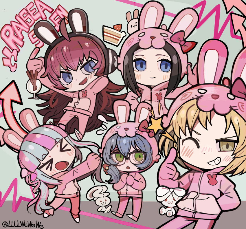 5girls absurdres animal_ear_headphones animal_ear_hood animal_ears asahi_rokka bang_dream! blonde_hair blue_eyes blue_hair blunt_bangs blush bow brown_hair chibi commentary_request fake_animal_ears glasses green_eyes group_name headphones highres hood hood_up jacket llllwewewe multicolored_hair multiple_girls nyubara_reona pants pink_hair pink_jacket pink_pants rabbit_ear_headphones rabbit_ears raise_a_suilen red_hair sato_masuki tamade_chiyu twitter_username two-tone_hair wakana_rei yellow_eyes