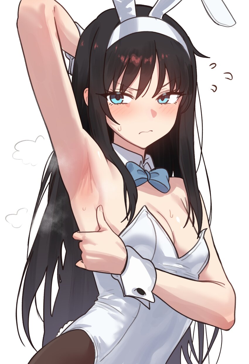 1girl absurdres arm_up armpit_focus armpits bare_shoulders black_hair blue_eyes blush breasts cleavage commentary ebora highres leotard long_hair long_skirt looking_at_viewer medium_breasts pantyhose playboy_bunny presenting_armpit skirt solo sweat tohno_akiha tsukihime