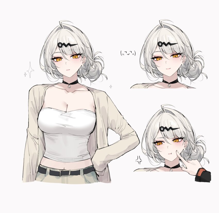 2girls :t alternate_costume anger_vein belle_(zenless_zone_zero) belt black_belt black_choker breasts cheek_poking choker cleavage collarbone commentary english_commentary feint721 grey_hair hair_ornament hairclip highres jacket looking_at_viewer midriff multiple_girls multiple_views open_clothes open_jacket poking short_hair smile strapless tube_top upper_body yellow_eyes yixuan_(zenless_zone_zero) zenless_zone_zero