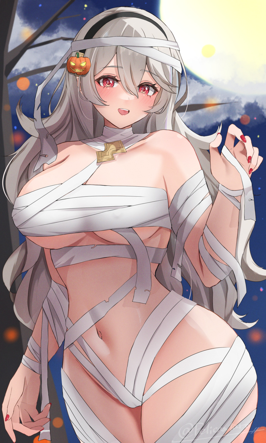 1girl absurdres bandage_on_hair bandage_over_one_eye bandaged_arm bandaged_chest bandaged_head bandaged_leg bandages black_hairband breasts commentary_request corrin_(female)_(fire_emblem) corrin_(fire_emblem) fire_emblem fire_emblem_fates food-themed_hair_ornament full_moon hair_ornament hairband halloween halloween_costume hand_up highres large_breasts long_hair looking_at_viewer moon mummy mummy_costume naked_bandage navel night night_sky nintendo peli_cantaro pointy_ears pumpkin_hair_ornament red_eyes sky smile solo stomach thighs white_hair