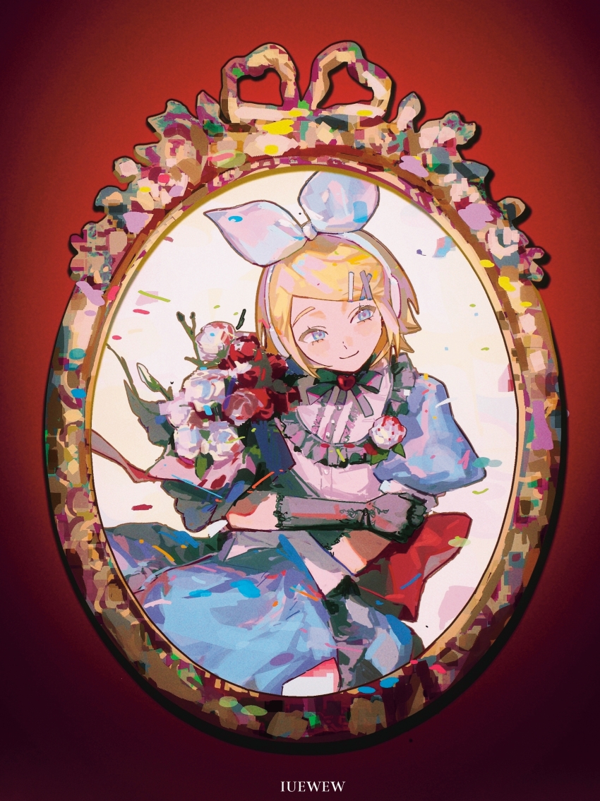 1girl absurdres back_bow bib_collar black_gloves black_ribbon blonde_hair blood_on_flower blue_eyes blue_skirt bouquet bow brooch chinese_commentary closed_mouth commentary_request cowboy_shot elbow_gloves flower gloves hair_bow hair_ornament hairclip headphones highres holding holding_bouquet iuew jewelry kagamine_rin neck_ribbon oval_image picture_frame puffy_short_sleeves puffy_sleeves red_bow red_brooch ribbon shirt short_hair short_sleeves skirt smile solo vocaloid white_bow white_flower white_shirt x_hair_ornament