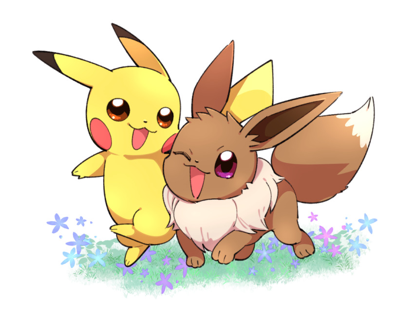 :3 animal_focus blue_flower blush_stickers brown_eyes eevee flower full_body gen_1_pokemon grass happy looking_at_viewer nintendo no_humans one_eye_closed open_mouth outdoors pikachu pokemon pokemon_(creature) purple_eyes purple_flower simple_background smile suzumushi_(tanpopo_cha) white_background