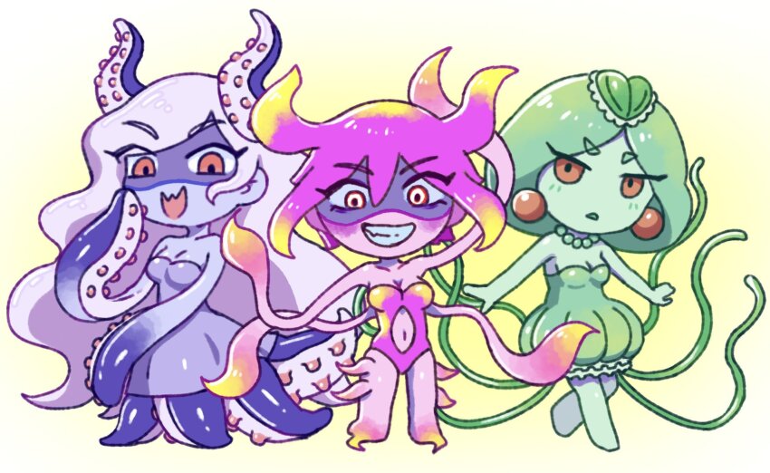 3girls bare_shoulders barefoot blonde_hair blue_skin breasts chibi chibi_only cleavage collarbone colored_skin earrings evil_grin evil_smile gradient_hair green_hair green_skin grey_hair grin highres jewelry kato_(momota_rosan) long_hair marina_(omori) medium_breasts medusa_(omori) molly_(omori) multicolored_hair multiple_girls navel necklace omori open_mouth parted_lips pink_hair pink_skin red_eyes short_hair smile teeth tentacle_hair