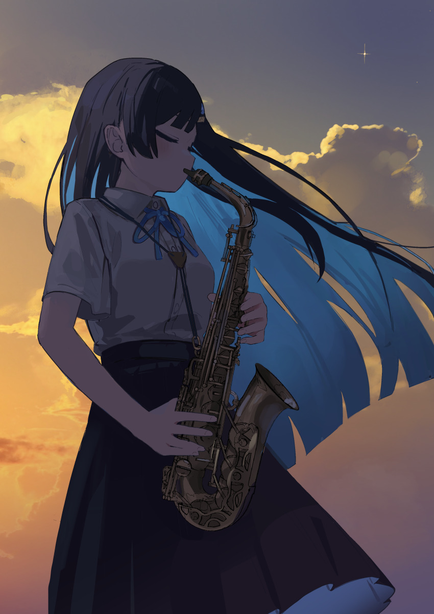 1girl absurdres black_hair black_skirt blue_hair cevio closed_eyes cloud collared_shirt colored_inner_hair futaba_minato hair_ornament highres holding holding_instrument holding_saxophone instrument long_hair multicolored_hair music outdoors playing_instrument saxophone shirt shirt_tucked_in short_sleeves skirt sky solo star_(sky) sunset uranosebi