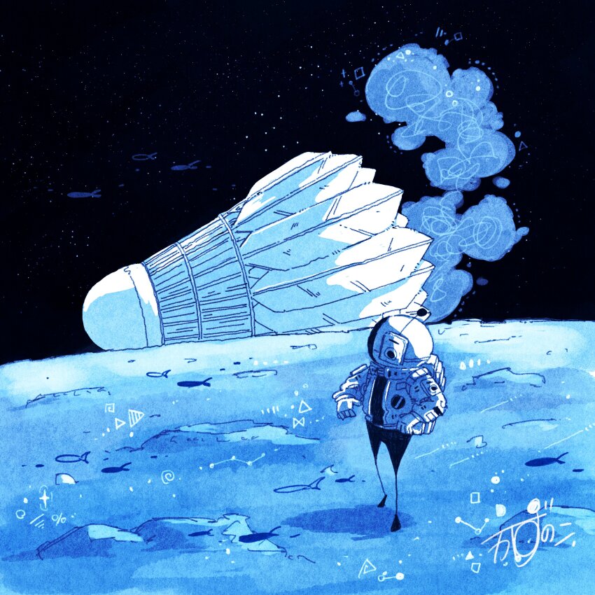 1other absurdres artist_name astronaut commentary fish flying_fish gloves helmet highres kazunoko_(kazunoko_zunoco) looking_at_object looking_back original outdoors oversized_object pun radio_antenna shuttlecock signature solo space space_helmet spacesuit standing star_(sky) steam white_gloves