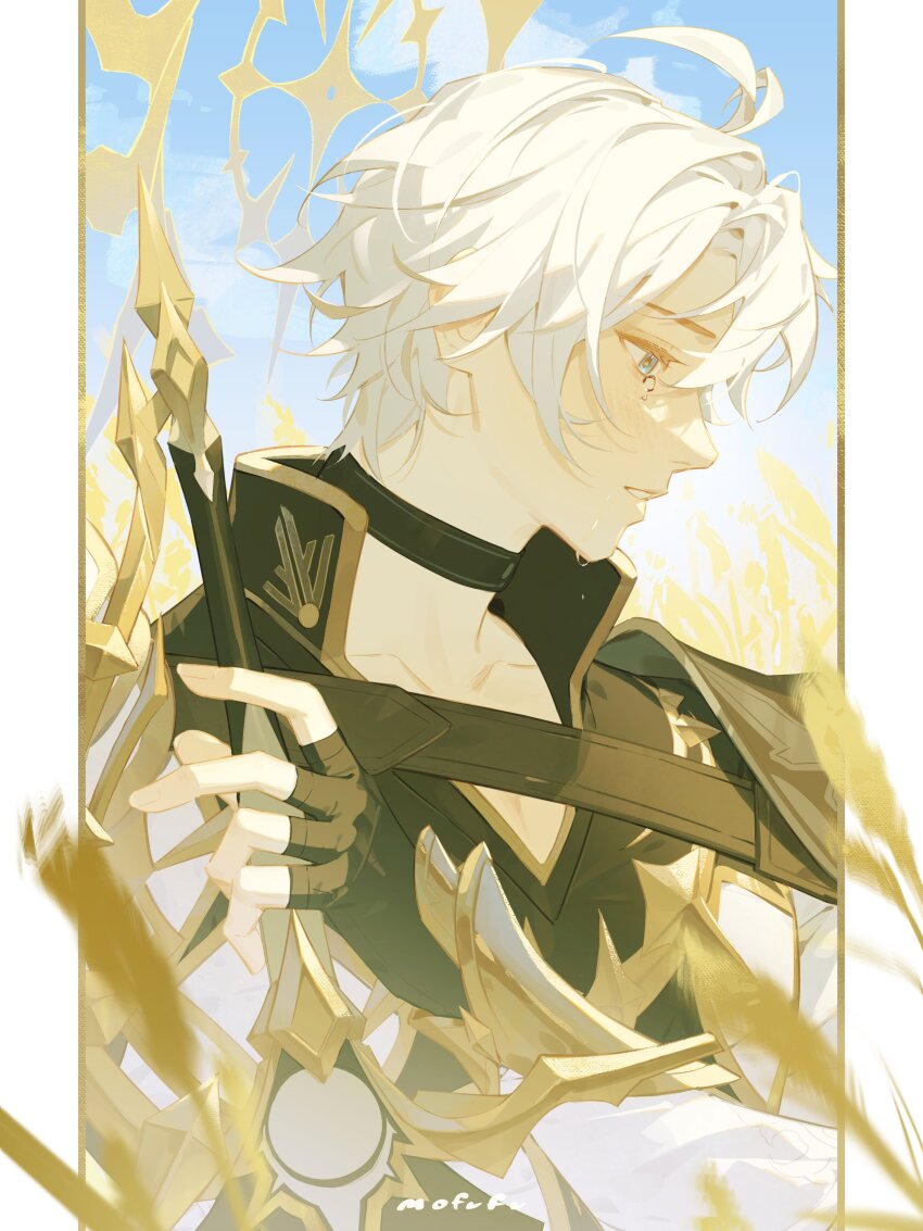 1boy absurdres ahoge antenna_hair armor artist_name black_choker blue_eyes blue_sky blurry blurry_foreground choker cloud cloudy_sky coat collarbone collared_coat crying crying_with_eyes_open from_side hair_between_eyes high_collar highres holding holding_sword holding_weapon honkai:_star_rail honkai_(series) huge_ahoge long_sleeves looking_down mofufu_fufu outdoors parted_lips pectoral_cleavage pectorals phainon_(honkai:_star_rail) shade short_hair shoulder_armor sky solo standing sword tearing_up tears upper_body wavy_hair weapon wheat_field white_hair