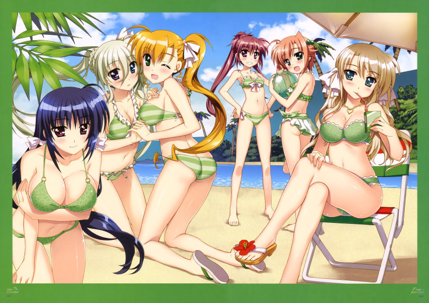 10s 6+girls :d absurdres ass ball bandeau barefoot beach beach_umbrella beachball bikini blonde_hair blue_eyes blue_hair blush breasts brown_hair cleavage drinking_straw drinking_straw_in_mouth einhard_stratos feet flip-flops frilled_bikini frills fujima_takuya green_bikini green_eyes grey_hair grin hands_on_own_hips harry_tribeca highres holding_hands huge_filesize juice_box kneeling large_breasts leaning_forward looking_at_viewer lyrical_nanoha mahou_shoujo_lyrical_nanoha mahou_shoujo_lyrical_nanoha_vivid mikaya_chevelle miura_rinaldi multiple_girls navel o-ring o-ring_top one_eye_closed open_mouth ponytail purple_eyes red_hair sandals shiny_skin side_ponytail sitting smile striped_bikini striped_clothes swimsuit thigh_gap twintails umbrella viktoria_dahlgrun vivio