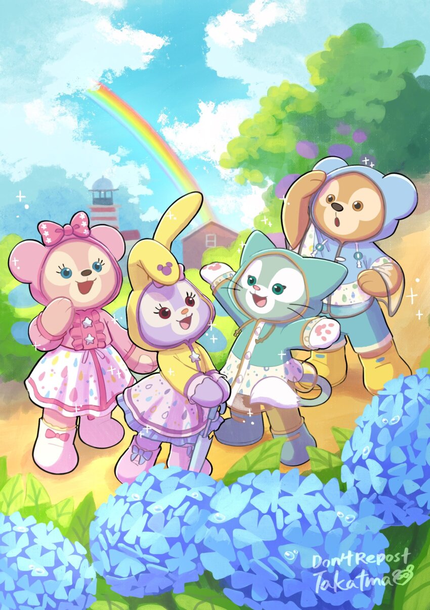 2boys 2girls animal_ears bear_girl boots duffy_and_friends duffy_the_disney_bear fox_girl gelatoni green_fur highres holding long_sleeves looking_at_viewer multiple_boys multiple_girls no_humans open_mouth rabbit_ears rabbit_girl rainbow raincoat shelliemay smile standing stellalou stuffed_animal stuffed_toy takatmaorange