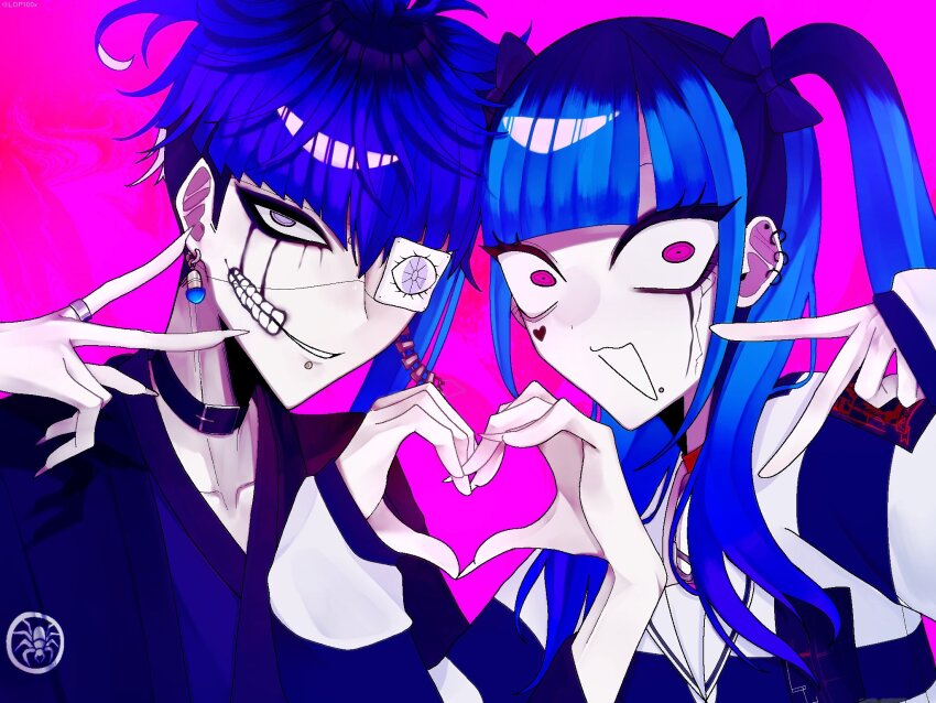 1boy 1girl amemiya_darumi black_bow black_collar black_hair blue_hair bow collar ear_piercing earrings eyepatch face_piercing highres japanese_clothes jewelry lip_piercing long_sleeves looking_at_viewer makeup multicolored_hair omokage_yugamu piercing pink_background pink_eyes red_collar runny_makeup shirt short_hair striped_clothes striped_shirt the_hundred_line_-last_defense_academy- twintails upper_body