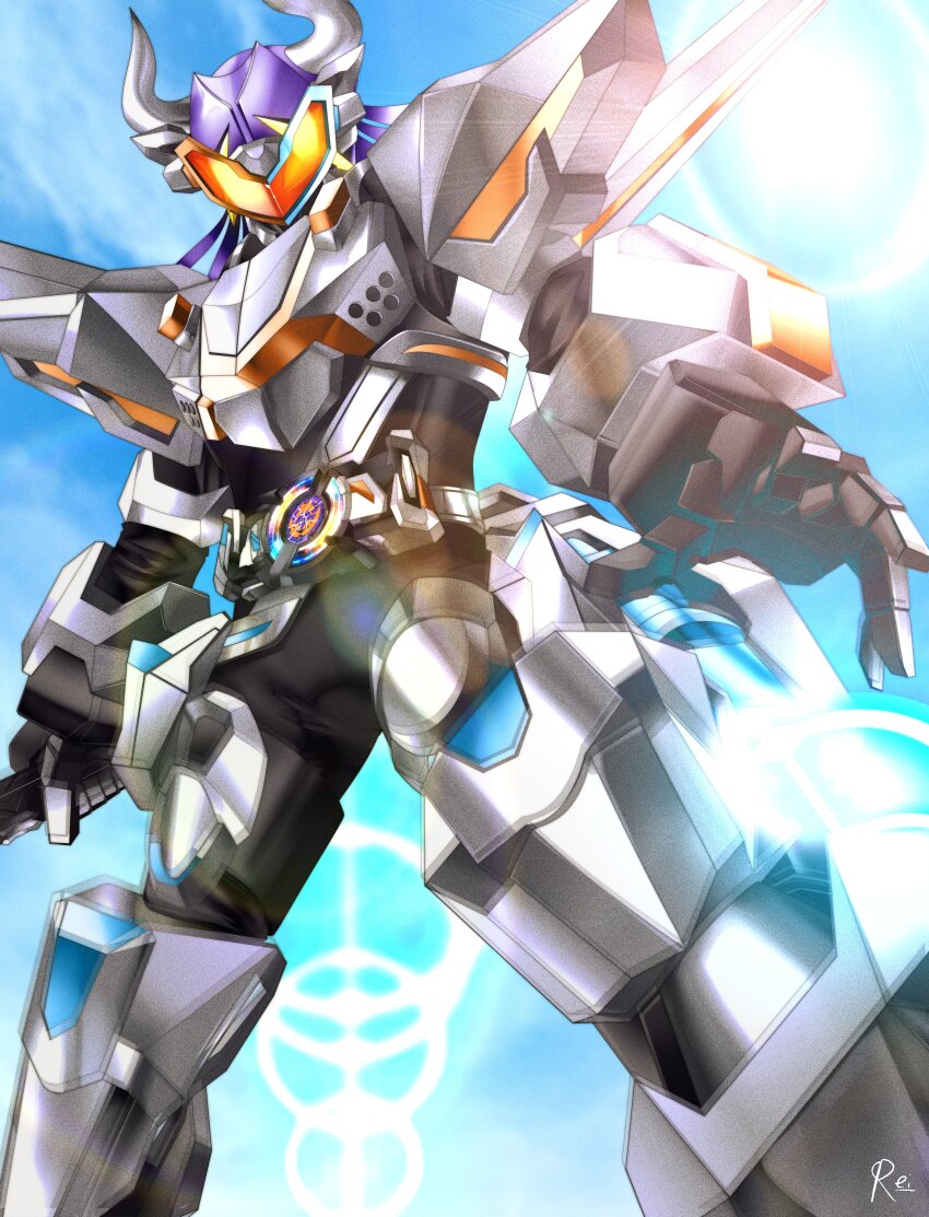1boy absurdres antennae black_bodysuit blue_sky bodysuit buffalo clenched_hands command_buckle commentary desire_driver rider_belt earpiece flying goggles gradient_hair highres holding holding_sword holding_weapon horns kamen_rider kamen_rider_buffa kamen_rider_buffa_command_form:jet_mode kamen_rider_geats_(series) leg_armor long_hair male_focus microphone multicolored_hair orange-tinted_eyewear orange_eyes perspective purple_hair raise_sword red_hair reiei_8 rider_belt sky sword tinted_eyewear tokusatsu upper_body visor_(armor) water_buffalo weapon wings