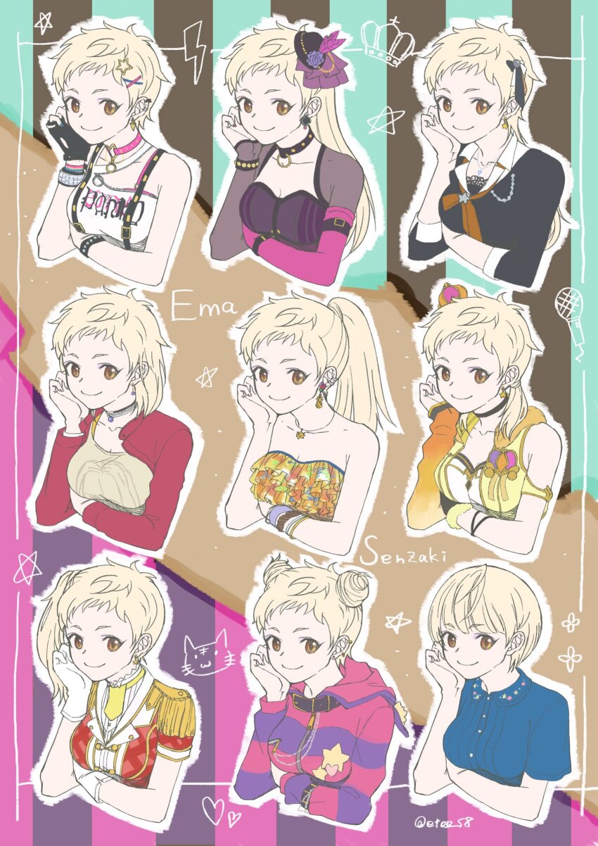 1girl alternate_hair_length alternate_hairstyle bare_shoulders black_choker black_gloves black_hat black_shirt blonde_hair blue_nails blue_shirt bracelet breasts brown_eyes buckle character_name choker closed_mouth collarbone collared_shirt commentary_request cropped_torso crown double_bun ear_piercing earrings eyelashes fingerless_gloves fingernails flower gloves hair_bun hand_on_own_face hat hat_feather hat_flower highres hood hood_down hooded_jacket idolmaster idolmaster_cinderella_girls jacket jewelry lightning_bolt_symbol long_hair long_sleeves medium_hair mini_crown mini_hat multiple_views nail_polish necklace open_clothes open_jacket outline piercing pink_choker pixie_cut ponytail purple_flower red_jacket senzaki_ema shirt short_hair side_ponytail smile star_(symbol) star_earrings striped_clothes striped_jacket toutoumi very_short_hair white_outline white_shirt