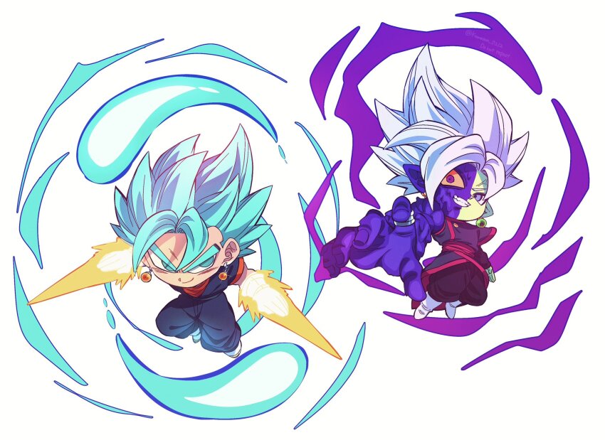2boys arm_blade aura blue_eyes blue_hair blue_pants blue_shirt chibi dougi dragon_ball dragon_ball_super dragon_ball_z_dokkan_battle earrings energy_sword full_body fused_zamasu highres jewelry komesan_0212 male_focus medium_hair multiple_boys orange_shirt pants potara_earrings shirt simple_background spiked_hair super_saiyan super_saiyan_blue sword vegetto weapon white_background white_hair zamasu