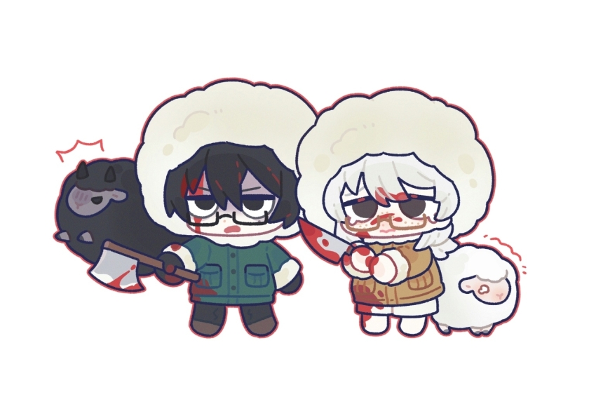 2boys animalization axe bai_ling_(touqi_guaitan) black_eyes black_gloves black_hair black_pants black_sheep blood blood_in_hair blood_on_clothes blood_on_face blood_on_hands bloody_weapon brown-framed_eyewear brown_eyes brown_jacket brown_shoes chibi chibi_only chinese_commentary closed_mouth commentary_request freckles fur-trimmed_sleeves fur_hood fur_trim glasses gloves green_jacket hair_between_eyes holding holding_axe holding_knife hood hood_up hooded_jacket jacket knife liu_qingcheng long_sleeves male_focus medium_hair multiple_boys open_mouth pants person_and_animalization rectangular_eyewear sanpaku semi-rimless_eyewear sheep shoes shorts simple_background teardrop touqi_guaitan v-shaped_eyebrows weapon white_background white_hair white_shorts yunge