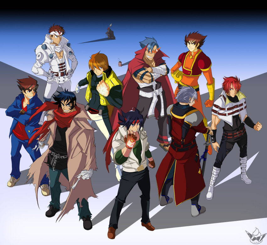 00s 1990s_(style) 4chan 6+boys bandages banpresto belt boota_(ttgl) boots capcom cape chain choukou_senki_kikaioh choukou_senki_kikaiou chuunioniika clothes_writing coat crossover cyberbots domon_kasshu drill epic folka_albark g_gundam getter_robo gloves gundam hands_on_own_hips highres jacket junpei_todoroki kabuto_kouji kamina_(ttgl) kamina_shades katana kings_of_/m/ male_focus manly mazinger_(series) mazinger_z multiple_boys multiple_crossover muscular nagare_ryoma old old_man red_scarf retro_artstyle sanger_zonvolt saotome_jin scarf shishiou_gai sideburns simon_(ttgl) spikes sunglasses super_robot_wars sword tengen_toppa_gurren_lagann torn_clothes trench_coat triangular_eyewear vest weapon yuusha_ou_gaogaigar yuusha_series