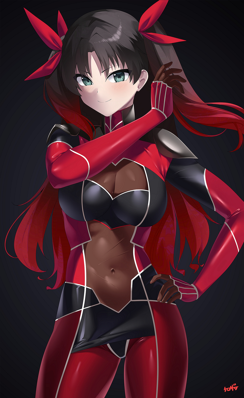 1girl absurdres adjusting_hair bow breasts cleavage contrapposto cosplay covered_avel cu_chulainn_(fate) cu_chulainn_(fate/extra) cu_chulainn_(fate/stay_night) cu_chulainn_(fate/stay_night)_(cosplay) fate/extra fate/extra_last_encore fate_(series) green_eyes hair_bow hand_on_own_hip highres kurozawa_yui large_breasts long_hair looking_at_viewer multicolored_hair official_alternate_costume pale_skin red_bow see-through_clothes skin_tight smile solo tohsaka_rin tohsaka_rin_(fate/extra) tohsaka_rin_(lancer) twintails two-tone_hair
