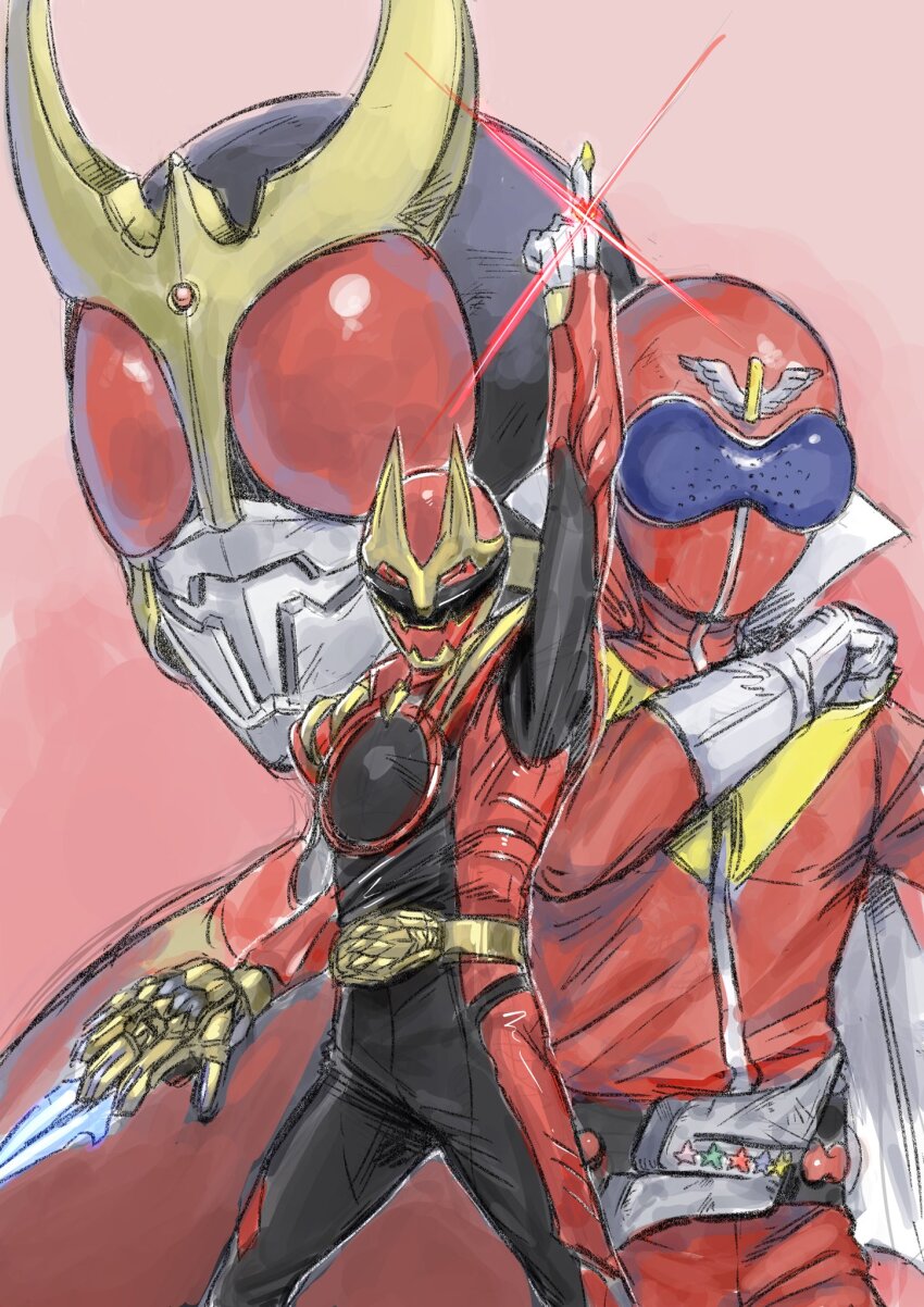 3boys aka_ranger arm_up armor black_bodysuit bodysuit cowboy_shot creator_connection crossover gozyuwolf helmet highres himitsu_sentai_gorenger in-franchise_crossover kamen_rider kamen_rider_kabuto kamen_rider_kabuto_(series) kuppipi_ramutarou male_focus multiple_boys no.1_sentai_gozyuger red_armor red_background red_bodysuit red_helmet sentai_ring simple_background solo_focus super_sentai tega_sword