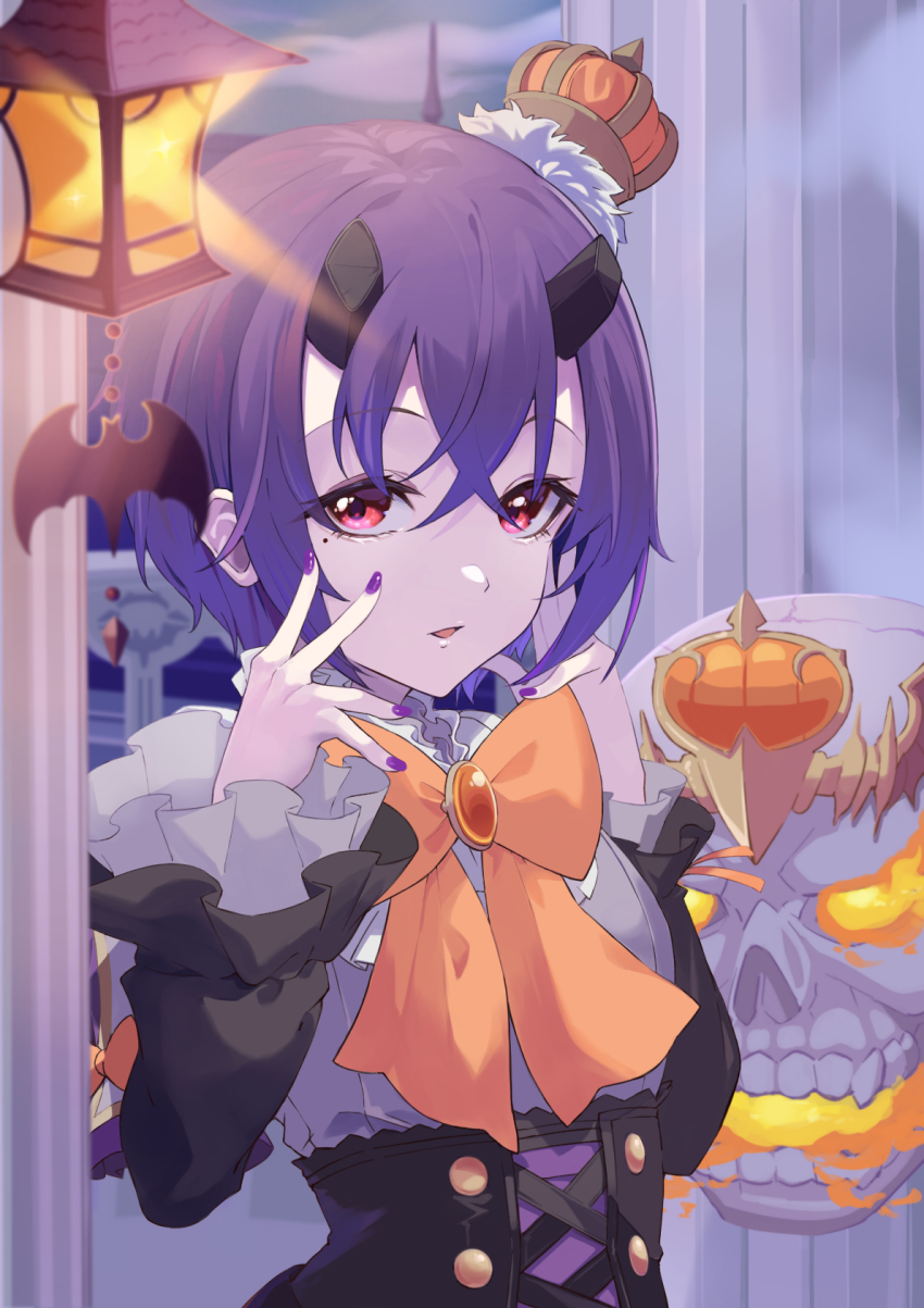 1girl crossed_bangs demon_horns hair_between_eyes hair_ornament halloween highres horns looking_at_viewer mole mole_under_eye open_mouth princess_connect! purple_hair red_eyes shimon_(31426784) shinobu_(halloween)_(princess_connect!) shinobu_(princess_connect!) solo upper_body