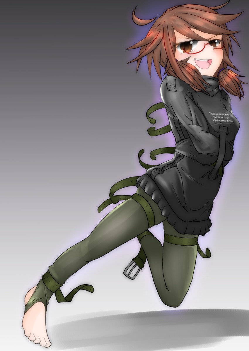 :d absurdres ahoge bdsm belt belt_buckle bondage bound brown_eyes brown_hair buckle clothes_writing commentary_request cosplay glasses gradient_background highres looking_at_viewer low_twintails menou messy_hair metal_gear_(series) metal_gear_solid_v:_the_phantom_pain open_mouth psycho_mantis psycho_mantis_(cosplay) red-framed_eyewear russian_text semi-rimless_eyewear smile solo stirrup_legwear straitjacket toeless_legwear touhou twintails under-rim_eyewear usami_sumireko