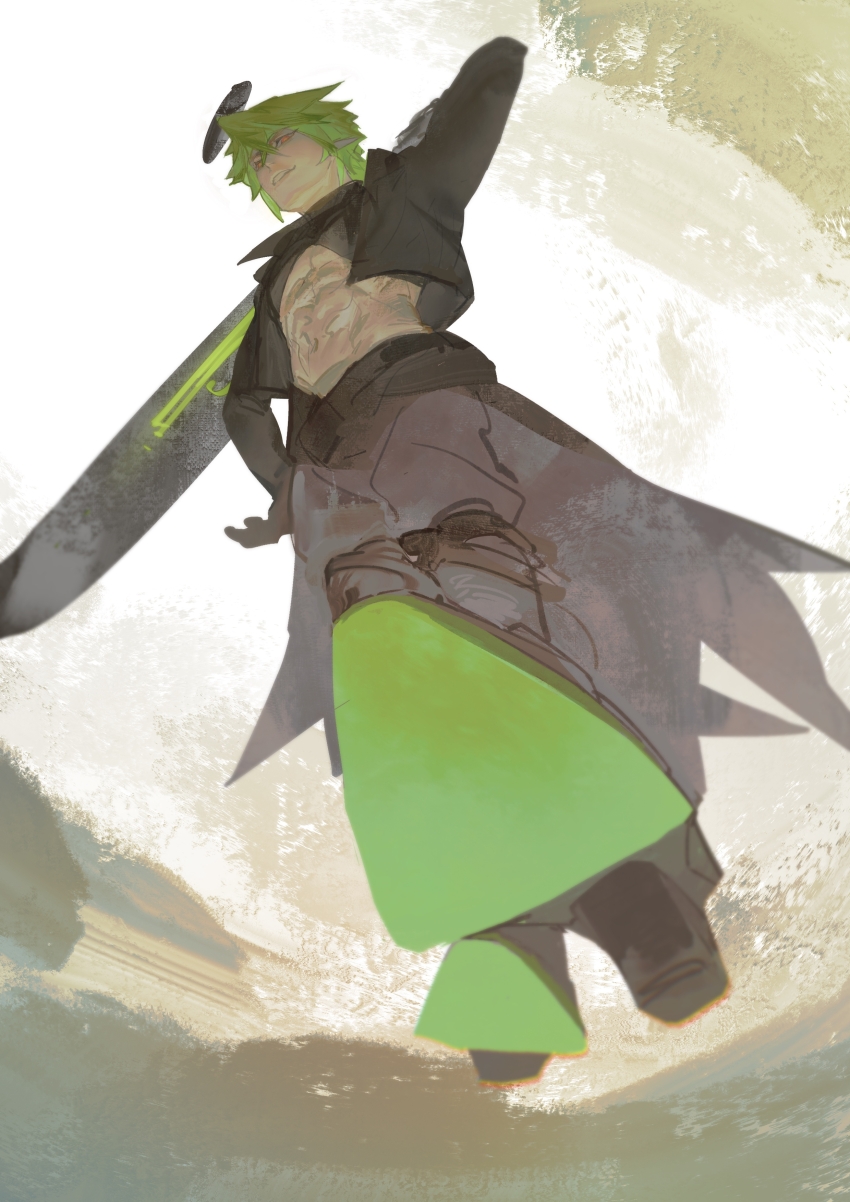 1boy abs absurdres aotu_world belt black_belt black_boots black_gloves black_jacket black_pants black_shirt boots chinese_commentary closed_mouth crop_top cropped_jacket foreshortening from_below full_body gloves glowing greatsword green_hair halo highres holding holding_sword holding_weapon jacket looking_at_viewer looking_down maggot92589 male_focus midriff navel open_clothes open_jacket orange_eyes over_shoulder pants pectorals shirt shoe_soles smile solo stomach sword toned toned_male waist_cape weapon weapon_over_shoulder xander_(aotu_world)