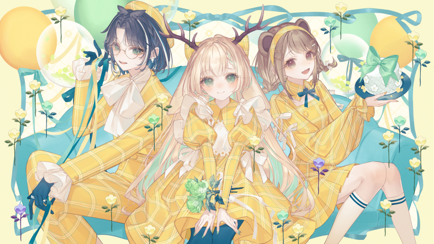 3girls absurdres alternate_costume animal_ears antlers bear_ears beret black_gloves blonde_hair blue_bow blue_bowtie blue_hair bow bowtie braid brown_eyes brown_hair closed_mouth colored_inner_hair commentary commission dress feet_out_of_frame flower gloves green_bow green_eyes green_flower grey_hair grey_wings hair_bow hairband hat head_wings highres horns juliet_sleeves konan_mia long_dress long_hair long_sleeves looking_at_viewer low_twin_braids medium_hair multicolored_hair multiple_girls nanashi_inc. official_art open_mouth oura_rukako plaid_bow plaid_clothes plaid_dress plaid_hairband plaid_headwear puffy_sleeves smile tsukinoki_tirol twin_braids very_long_hair virtual_youtuber white_bow white_bowtie white_hair wings yellow_bow yellow_dress yellow_flower yellow_hairband yellow_headwear yoggi_(stretchmen)