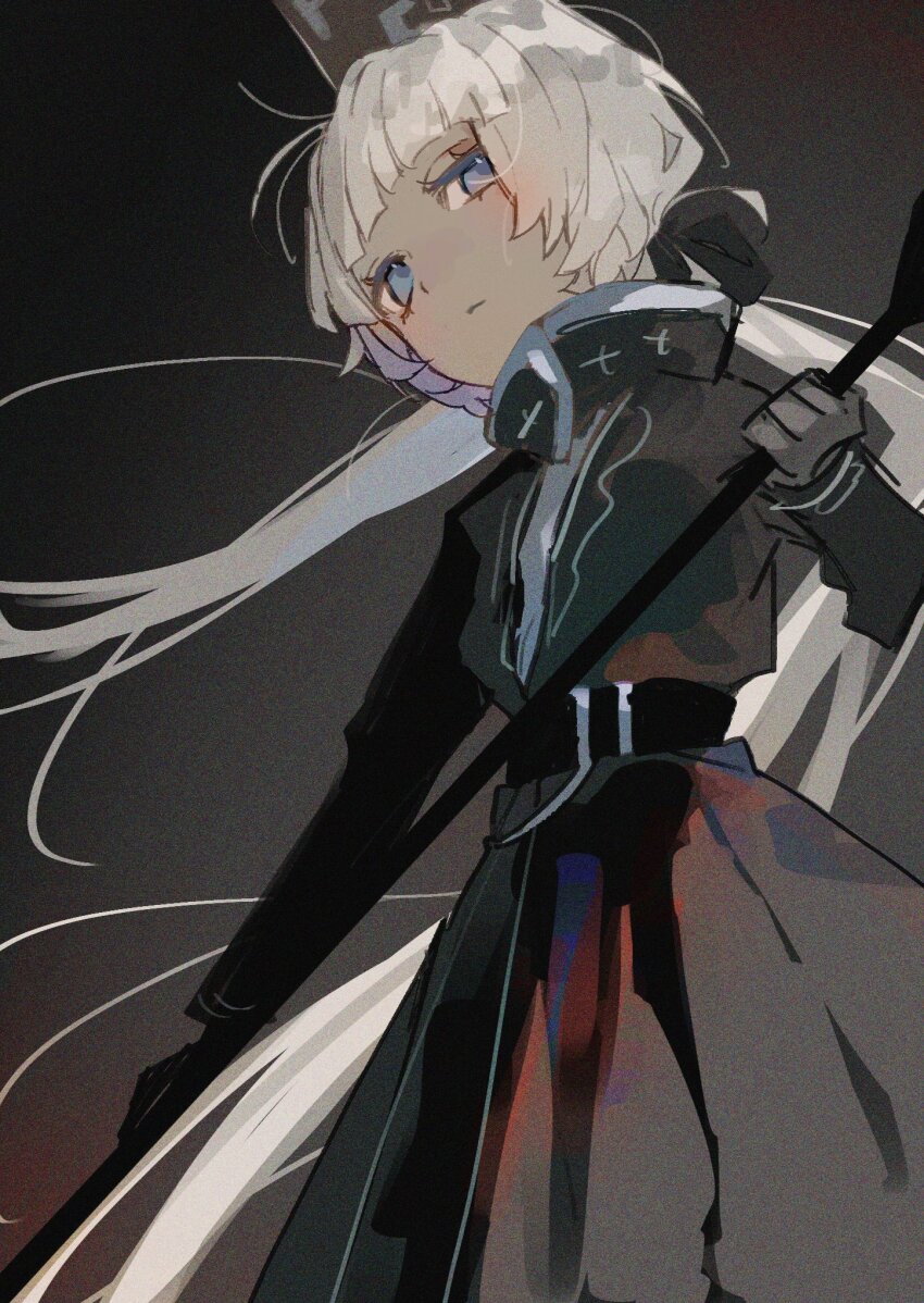 1girl black_dress black_gloves blue_eyes charon_(project_moon) dress gloves grey_background grey_hat hamelon310 hat highres holding holding_weapon limbus_company long_hair long_sleeves looking_at_viewer low_twintails project_moon shako_cap simple_background solo standing twintails upper_body very_long_hair weapon white_hair