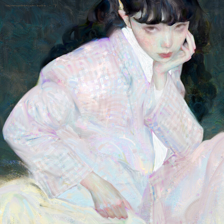 1girl absurdres belt black_hair blanket blue_background blunt_bangs closed_mouth collared_jacket collared_shirt curly_hair dannylailai dated expressionless eyelashes feet_out_of_frame formal_clothes highres jacket knee_up lapels layered_sleeves lipstick long_hair long_sleeves makeup notched_lapels open_clothes open_jacket original pants pink_jacket pink_lips pink_pants pink_suit plaid_clothes plaid_jacket plaid_pants plaid_suit pointy_ears realistic sam_browne_belt shirt signature sitting solo suit very_long_hair white_shirt