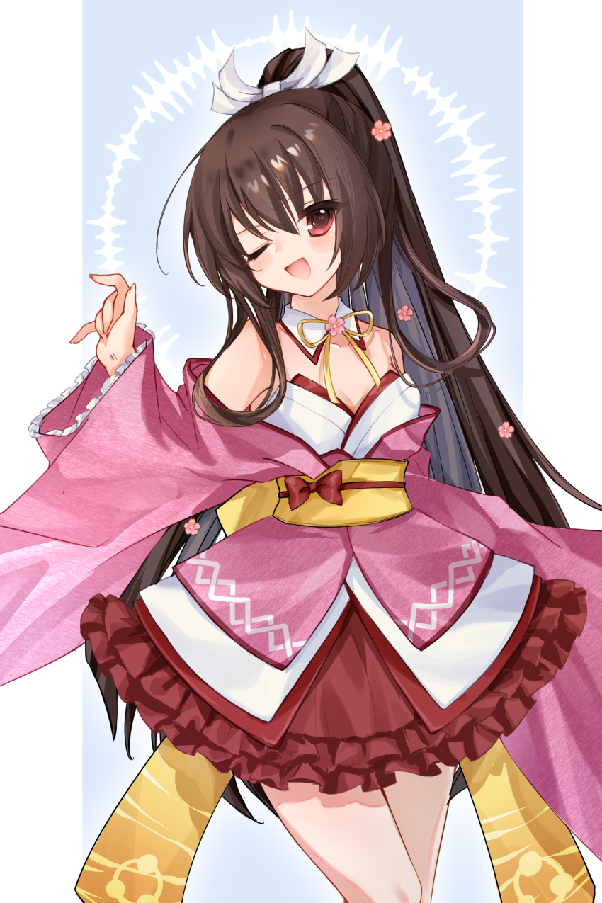 1girl ;d absurdres adapted_costume alternate_hairstyle arm_behind_back bare_shoulders blue_background blush_stickers bow breasts brown_hair cherry_blossoms chinese_commentary collarbone commentary_request cowboy_shot detached_collar eyes_visible_through_hair flower frilled_skirt frilled_sleeves frills hair_between_eyes hair_bow hair_flower hair_ornament hand_up happy highres japanese_clothes kimono long_hair long_sleeves looking_at_viewer magical_girl medium_breasts neck_ribbon one_eye_closed open_mouth pink_kimono red_bow red_eyes red_skirt ribbon sash simple_background skirt smile solo straight_hair tenshinranman unohana_no_sakuyahime very_long_hair white_bow white_kimono wide_sleeves yellow_ribbon yellow_sash yuyu_usaki
