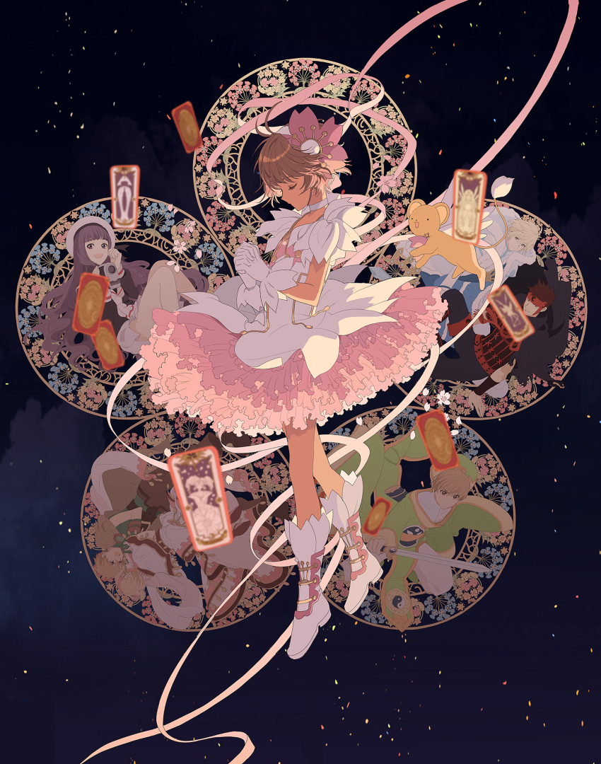 3girls 4boys ahoge armor beret black_background black_hair blonde_hair blunt_bangs boots brown_hair camcorder cape cardcaptor_sakura cherry_blossoms choker circle cloak closed_eyes commentary confetti creator_connection crossover daidouji_tomoyo dress fai_d._flowright flower from_side full_body gloves hair_flower hair_ornament hat highres holding holding_hands holding_sword holding_weapon japanese_armor kero_(cardcaptor_sakura) kinomoto_sakura knee_boots kurogane_(tsubasa_chronicle) layered_skirt li_xiaolang long_hair looking_at_viewer magical_girl multiple_boys multiple_girls okazaki_oka own_hands_clasped own_hands_together petticoat pink_ribbon ribbon sakura_hime school_uniform serafuku short_hair simple_background skirt sleeveless sleeveless_dress smile sword symbol-only_commentary tail tomoeda_elementary_school_uniform tomoeda_middle_school_uniform traditional_clothes trait_connection tsubasa_chronicle video_camera weapon white_choker white_dress white_footwear white_gloves white_headwear xiaolang yin_yang