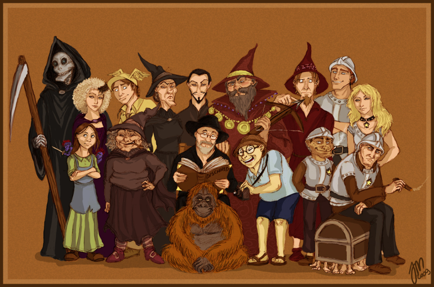 00s 2009 4girls 6+boys angua_von_uberwald armor beard breastplate carrot_ironfoundersson cigar cigarette collar crossed_arms death_(discworld) discworld facial_hair glasses goatee granny_weatherwax helmet moist_von_lipwig multiple_boys multiple_girls multiple_legs mustrum_ridcully nanny_ogg nobby_nobbs pictsies smoking_pipe rincewind samuel_vimes sandals scythe signature skeleton smoking susan_sto_helit terry_pratchett the_librarian the_luggage the_patrician tiffany_aching twoflower werewolf wizard yenefer