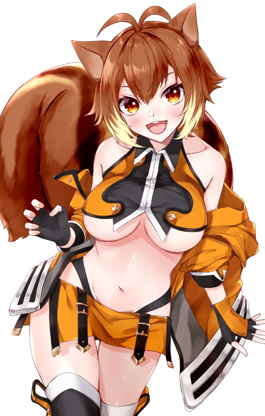 1girl absurdres animal_ears antenna_hair blazblue blush breasts brown_eyes brown_hair chukachuka crop_top extreme_crop_top fingerless_gloves gloves highres large_breasts makoto_nanaya midriff multicolored_hair navel revealing_clothes short_hair simple_background skirt solo squirrel_ears squirrel_girl squirrel_tail tail thighhighs two-tone_hair underboob white_background