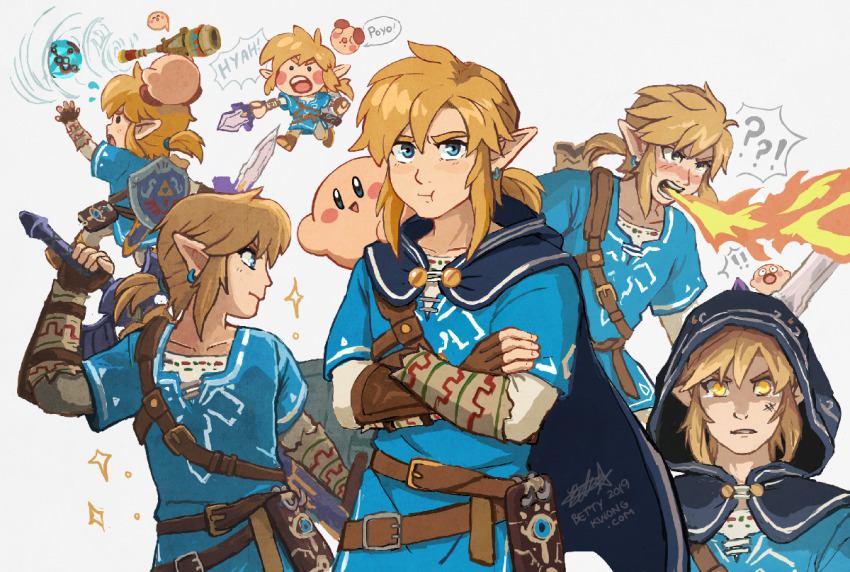 ! 1boy ? bettykwong blonde_hair blue_shirt breath_weapon breathing_fire cape chibi fire glowing glowing_eyes hood kirby kirby_(series) link master_sword nintendo sheikah_slate shirt sparkle spoken_exclamation_mark spoken_question_mark the_legend_of_zelda the_legend_of_zelda:_breath_of_the_wild