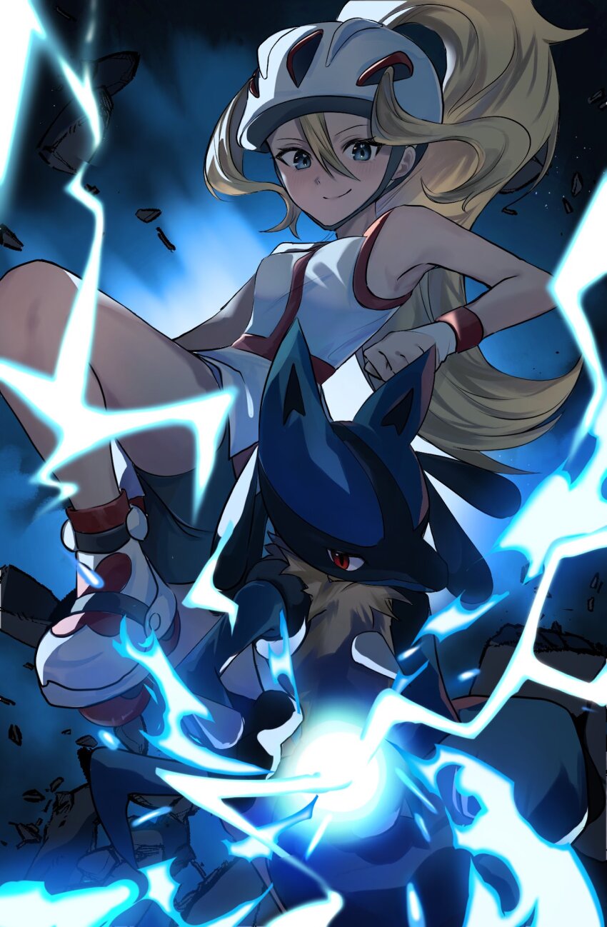 1girl anonymous84268 aura_sphere_(pokemon) bike_shorts black_shorts blonde_hair blue_eyes closed_mouth creatures_(company) dress game_freak gen_4_pokemon hair_between_eyes helmet highres korrina_(pokemon) long_hair looking_at_viewer lucario nintendo pokemon pokemon_(creature) pokemon_xy roller_skates shorts skates sleeveless sleeveless_dress smile white_dress white_helmet wristband