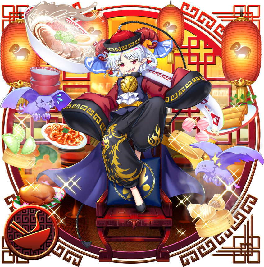 1girl :d alternate_costume bamboo_steamer black_pants blue_ribbon bowl char-siu chinese_clothes commentary curled_horns dumpling eagle_spirit_(touhou) english_commentary food full_body game_cg hair_ribbon hat highres horns jiaozi lantern long_sleeves looking_at_viewer meandros noodles official_art open_mouth pants paper_lantern plate pointy_ears qingdai_guanmao ramen red_eyes red_horns ribbon rotte_(1109) short_hair shrimp sleeves_past_fingers sleeves_past_wrists smile softboiled_egg solo spring_onion spring_roll standing standing_on_one_leg steamed_bun third-party_source touhou touhou_lostword toutetsu_yuuma toutetsu_yuuma_(all-you-can-devour_banquet) transparent_background white_hair wide_sleeves