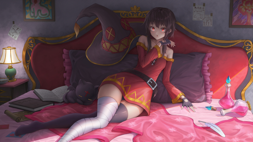 1girl :o absurdres asymmetrical_legwear bandaged_leg bandages bare_shoulders bed belt black_gloves black_hair black_panties book cat chomusuke collarbone desk_lamp dress feathers fingerless_gloves frilled_pillow frills gloves hat highres indoors jianfu_htliy kono_subarashii_sekai_ni_shukufuku_wo! lamp looking_at_viewer megumin mismatched_legwear off-shoulder_dress off_shoulder on_bed panties pantyshot pillow potion red_dress red_eyes short_dress short_hair_with_long_locks single_thighhigh sitting solo thighhighs underwear unworn_hat unworn_headwear vial white_feathers witch_hat