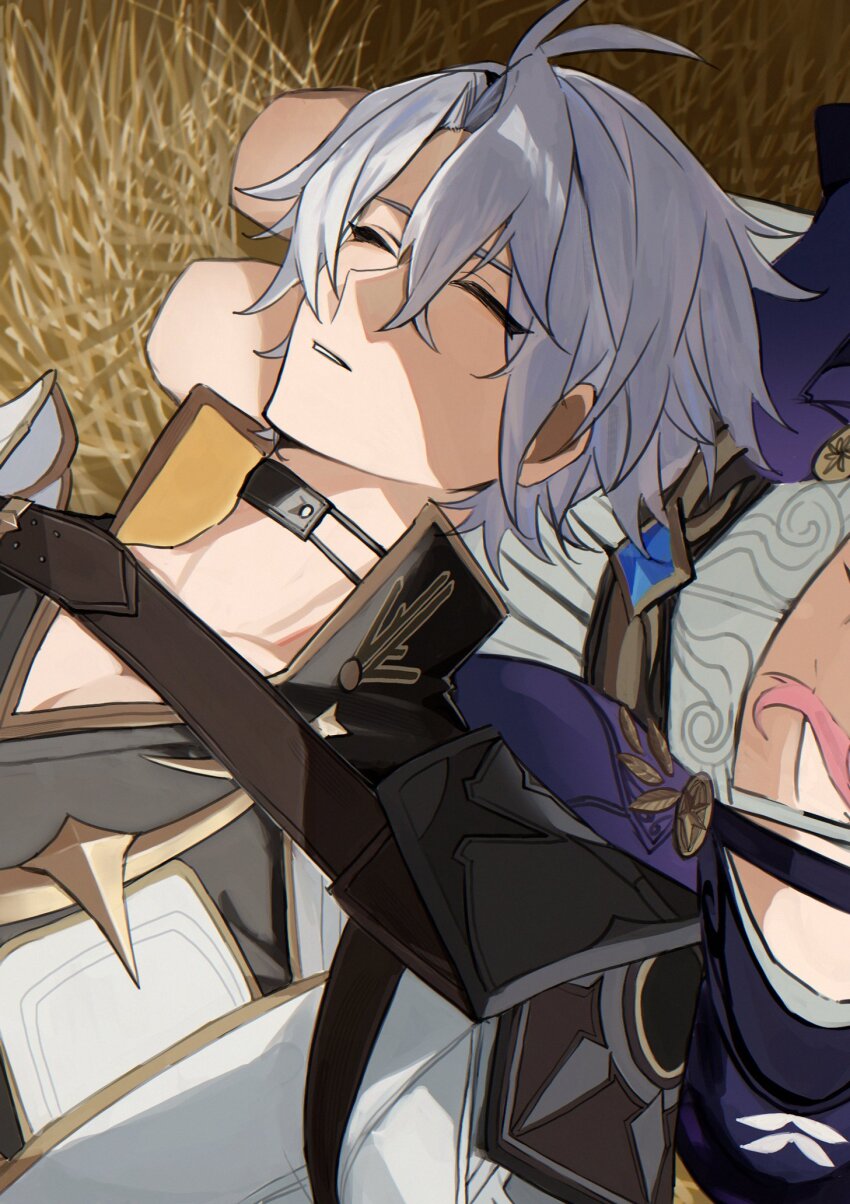 1boy 1girl ahoge breasts closed_eyes coat commentary_request cyrene_(honkai:_star_rail) dress female_pov highres honkai:_star_rail honkai_(series) lap_pillow outdoors pasedoro2 phainon_(honkai:_star_rail) pink_hair pov small_breasts wheat wheat_field white_coat white_dress white_hair