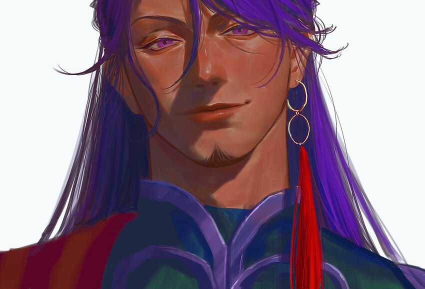 1boy close-up closed_mouth commentary_request crema_525 duryodhana_(fate) earrings facial_hair fate/grand_order fate_(series) goatee hair_between_eyes highres indian_clothes jewelry light_smile long_hair looking_at_viewer male_focus purple_hair simple_background single_earring solo white_background