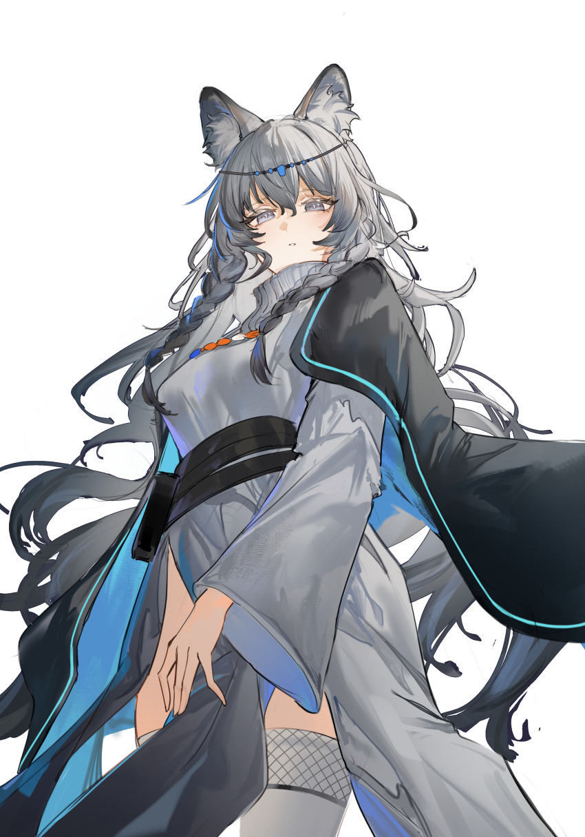 1girl absurdres animal_ear_fluff animal_ears arknights black_cape blue_cape cape collar commentary cowboy_shot flantia from_above grey_eyes grey_hair grey_thighhighs hair_between_eyes highres jewelry leopard_ears leopard_girl leopard_tail long_hair long_sleeves looking_at_viewer messy_hair multicolored_cape multicolored_hair necklace open_mouth pramanix_(arknights) simple_background solo tail thighhighs thighs transparent_background two-tone_hair white_collar white_hair