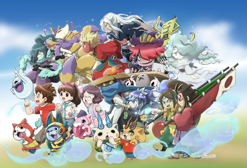 &gt;_&lt; 10s 4girls 6+boys ^_^ absurdres amano_keita animal_ears aqua_eyes bandages banner beamed_quavers black_gloves blonde_hair blue_lips blush_stickers breasts brown_eyes brown_hair cat closed_eyes coin_purse colored_sclera dark_skin eiga_youkai_watch:_enma_daiou_to_5-tsu_no_monogatari_da_nyan! enma_daiou_(youkai_watch) enraenra_(youkai_watch) everyone fangs fingerless_gloves flying fubukihime furoshiki ghost glasses gloves green_hair gun hair_over_one_eye hakama hakama_skirt haramaki helmet high_ponytail highres hinoshin horns ittan_momen ittangomen japanese_clothes jewelry jibanyan keimei_563 kimono kitsune kodama_fumika koenra komajirou komasan kyuntarou kyuubi kyuubi_(youkai_watch) large_breasts long_hair masamune_(youkai_watch) misora_inaho multicolored_hair multiple_boys multiple_girls multiple_tails musical_note necklace notched_ear nurarihyon_(youkai_watch) oogama_(youkai_watch) open_mouth orochi_(youkai_watch) pendant_watch ponytail quaver rabbit_ears red_eyes ring running sandals sandogasa sashimono sheath sheathed short_hair skirt spacesuit sunglasses sword tail traditional_youkai tsuchigumo_(youkai_watch) twitter_username two-tone_hair two_tails usapyon watch weapon whisper_(youkai_watch) wristwatch yellow_eyes yellow_sclera youkai_watch youkai_watch_(object) youkai_watch_2 youkai_watch_u2