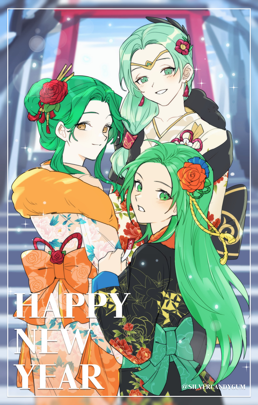 3girls absurdres alternate_costume black_kimono brown_eyes character_request commentary cowboy_shot earrings elincia_ridell_crimea fire_emblem fire_emblem:_path_of_radiance fire_emblem:_radiant_dawn floral_print flower forehead green_eyes green_hair hair_flower hair_ornament highres japanese_clothes jewelry kimono long_hair long_sleeves multiple_girls nephenee_(fire_emblem) nintendo orange_kimono outdoors red_flower resolution_mismatch revision sigrun_(fire_emblem) silvercandy_gum source_smaller torii white_kimono
