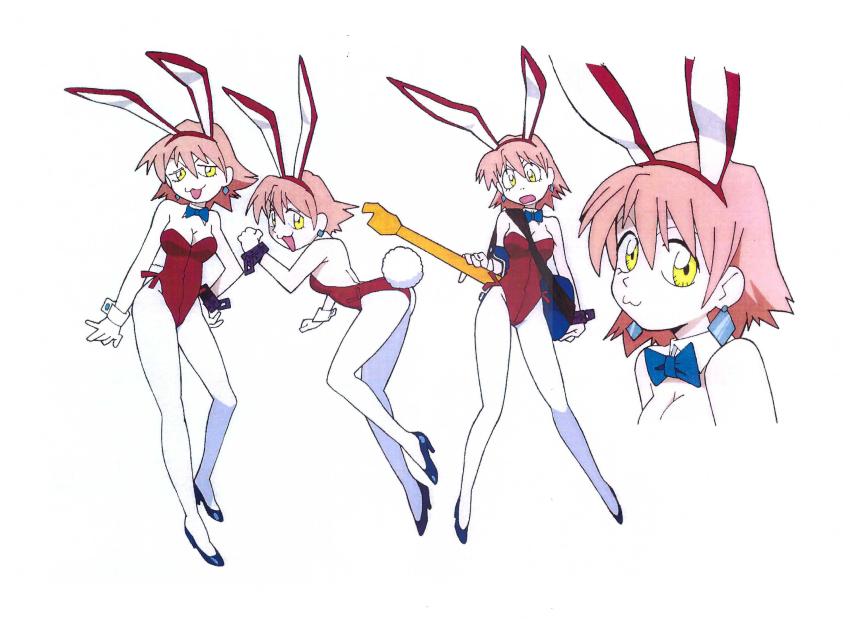 1girl absurdres animal_costume animal_ears ass reference_sheet daicon daicon_bunny_girl earrings electric_guitar fake_animal_ears flcl gainax guitar haruhara_haruko high_heels highres imaishi_hiroyuki instrument jewelry leotard multiple_views official_art pantyhose pink_hair playboy_bunny production_art production_ig rabbit_ears rabbit_tail short_hair standing tail yellow_eyes