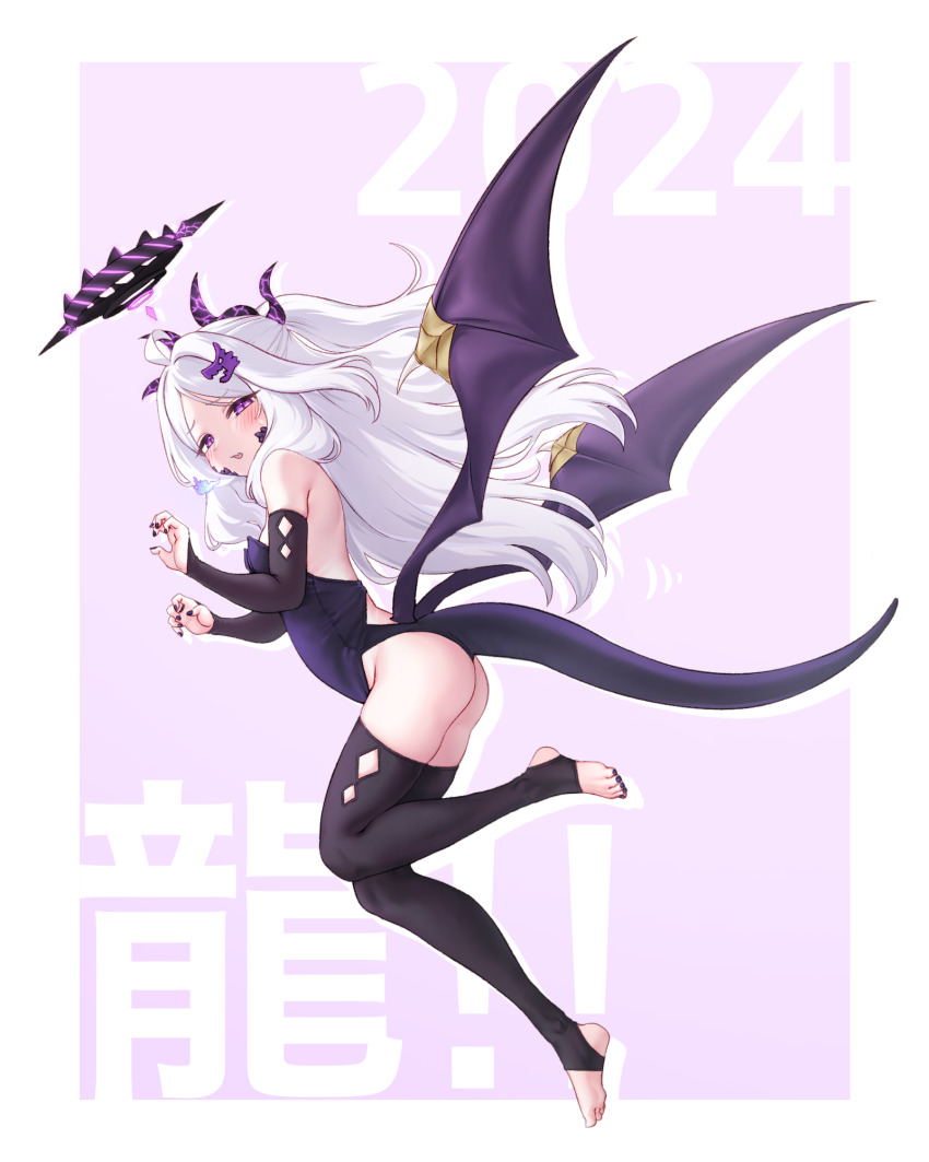 1girl ahoge ass bare_back black_leotard black_nails black_thighhighs blue_archive chinese_zodiac claw_pose commentary_request dragon_girl dragon_hair_ornament dragon_horns dragon_tail dragon_wings from_side greenteamousou hair_ornament hairclip half_updo halo highleg highleg_leotard highres hina_(blue_archive) horns leaning_forward leotard long_hair looking_at_viewer looking_to_the_side nail_polish nontraditional_playboy_bunny parted_bangs purple_eyes scales sidelocks simple_background sleeveless solo standing standing_on_one_leg stirrup_legwear strapless strapless_leotard tail thighhighs toeless_legwear two-tone_background wavy_hair white_hair wings year_of_the_dragon