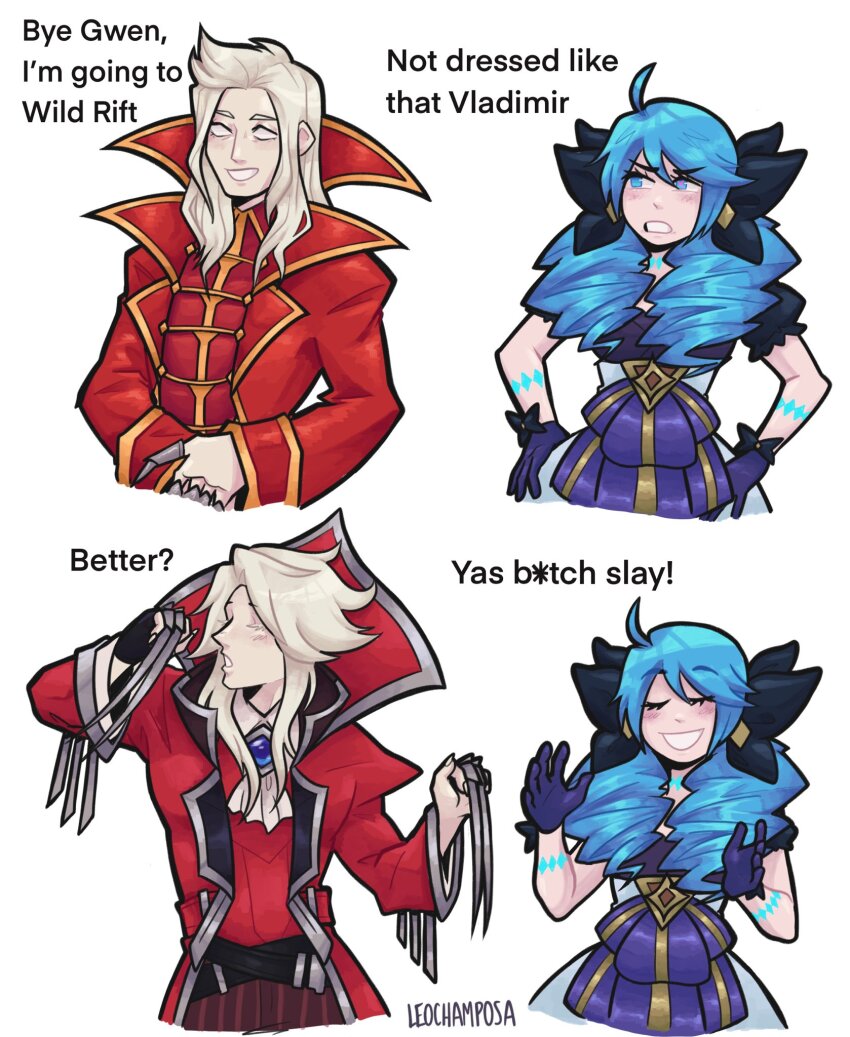 1boy 1girl ahoge artist_name black_bow black_dress black_gloves blue_hair bow claws coat cropped_legs dress drill_hair english_text fingerless_gloves gem gloves grey_dress grey_hair grin gwen_(league_of_legends) hair_bow highres league_of_legends league_of_legends:_wild_rift leochamposa long_hair meme no_pupils red_coat red_shirt shirt smile teeth twin_drills twintails vladimir_(league_of_legends) yas_bitch_slay_(meme)