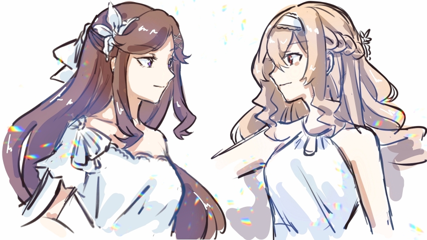 2girls absurdres blonde_hair braid brown_hair couple dress hair_ornament hairclip headband highres light_smile looking_at_another multiple_girls purple_eyes red_eyes ribbon saijou_claudine shoujo_kageki_revue_starlight shoujo_kageki_revue_starlight_-re_live- tendou_maya upper_body white_background white_dress white_headband white_ribbon yuri