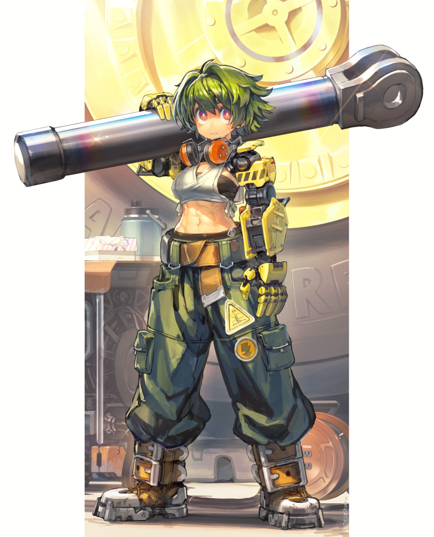 1girl abs absurdres belt boots breasts bright_pupils carrying_over_shoulder ear_protection earmuffs earmuffs_around_neck full_body go-malniju green_hair green_pants highres joints looking_at_viewer medium_breasts midriff navel orange_eyes original pants prosthesis prosthetic_arm robot_joints scar science_fiction short_hair solo standing strapless tube_top very_short_hair white_pupils
