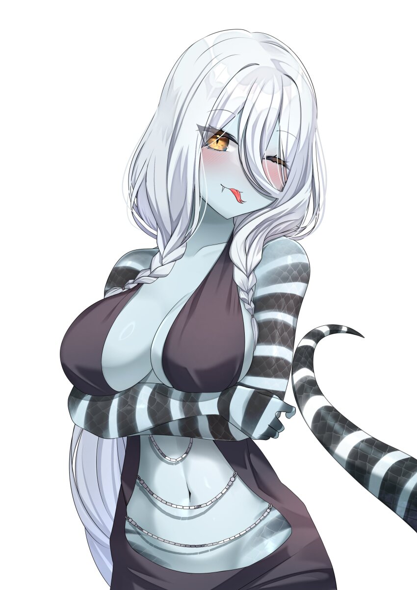 1girl absurdres artist_request bare_shoulders blush breasts character_request colored_skin crossed_arms fang grey_skin highres lamia large_breasts long_hair monster_girl navel one_eye_closed scales smile snake_tongue tail tongue tongue_out white_background white_hair yellow_eyes
